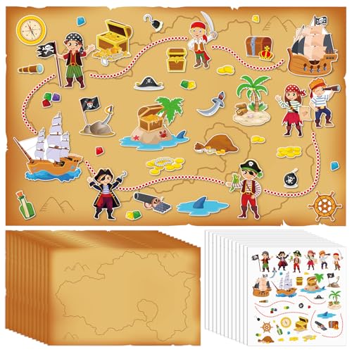 Kosiz 12 Pcs Giant Treasure Island Map Sticker Scenes Include 12 Backgrounds and Sticker Sheets Pirate Map Pirate Party Activity for Kids