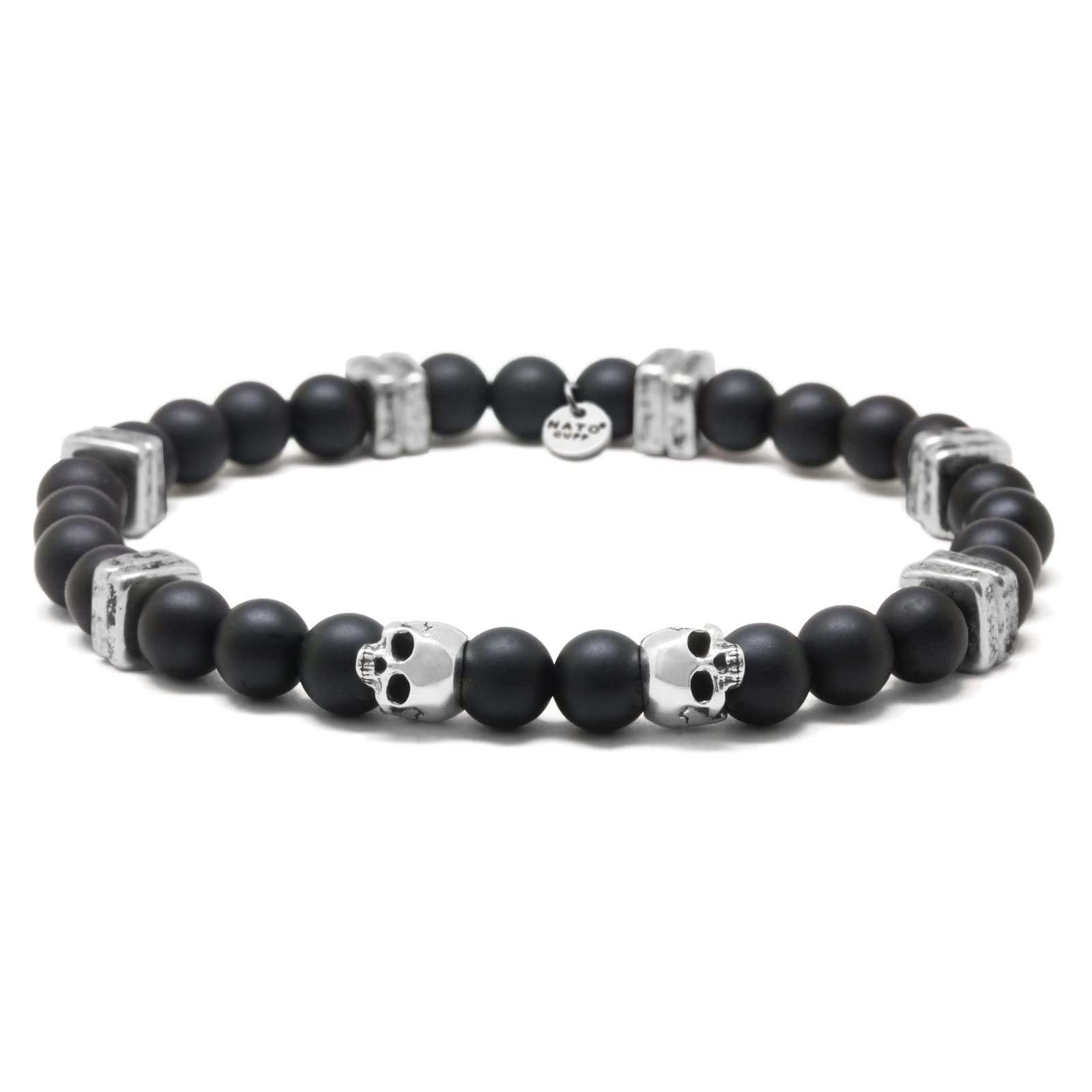 Skull Bracelet in 925 Sterling Silver - Semi Precious Onyx Stones - Greek Ceramic Beads - Jewellery for Men or Women Handmade in France