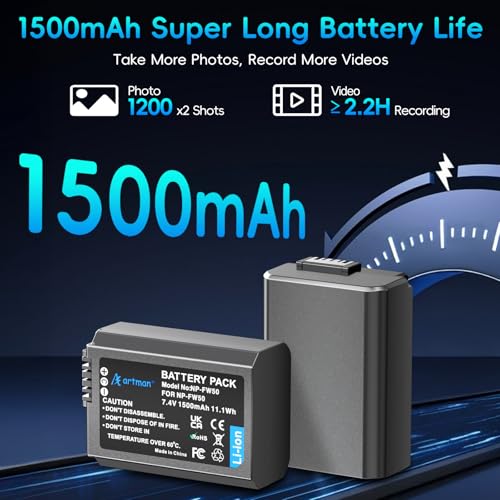 Image of Artman NP-FW50 Battery 2-Pack 1500mAh & 2-Slot LCD Charger for Sony ZV-E10
