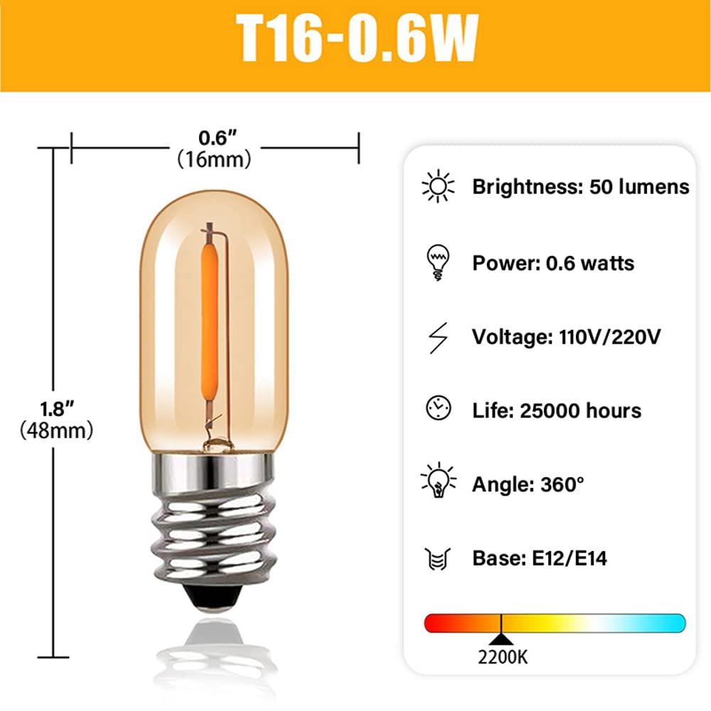 RYTM (Confezione da 20) Lampadine a LED, Lampadine Edison vintage con base E12/E14, Lampadine piccole a filamento LED antico T16, Dimmerabile da 0,6 W CA 100 V-230 V (Warm Yellow Light 2200k)