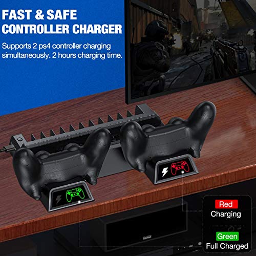 PS4 Cooling Fan Vertical Stand Cooling for PS4 Slim/ PS4 Pro/ Regular PlayStation4, PS4 Controller Charger Station for Dual Charging, PS4 Accesossries with Game Storage for Playstation Consoles