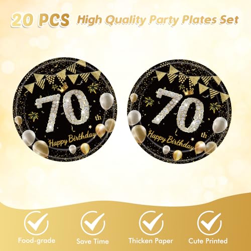 41pcs 70th birthday decorations for men women black gold 70 year old birthday party supplies include 20 plates 20 napkins and 1 tablecloth black gold 70 aged birth party tableware