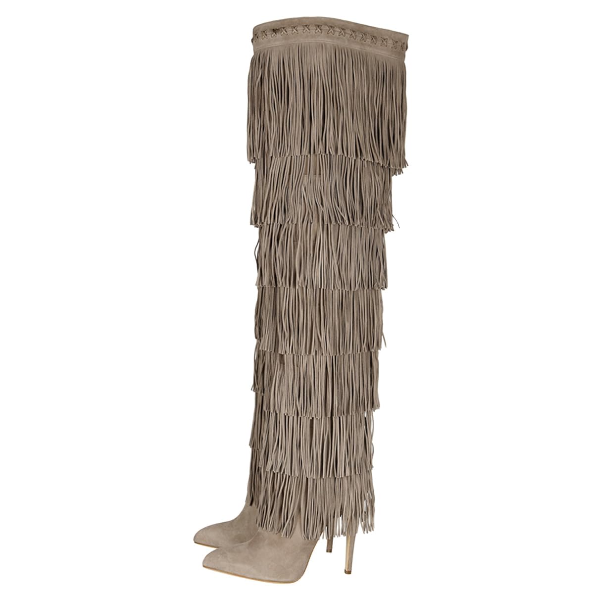 FSJ Women Fringe Over-The-Knee Boots Suede Pointed Toe Tassel Stiletto Heel Boots Fashion Wide Calf Shoes Size 4-16