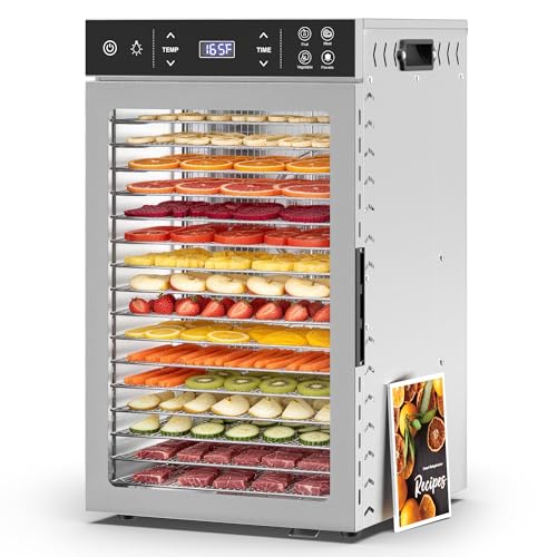 Image of Suteck 800W Food Dehydrator with 16 Trays for Jerky, Fruit, Veg, Meat | Stainless Steel, 4 Presets, Strong Dual Fans & 360 Airflow, 85F-195F, 48H Timer, Built-in Light, Quiet