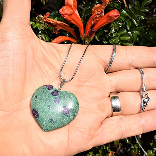 Zenergy Gems Charged Natural Himalayan Gemstone Crystal Puffy Heart Pendant Necklace + 20" Silver Chain + Selenite Charging Heart [Included] (Ruby Fuchsite (Himalayan)) #TOP7