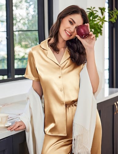 Image of Ekouaer Womens Satin Silky Capri Pajamas Short Sleeve Button Down Sleepwear