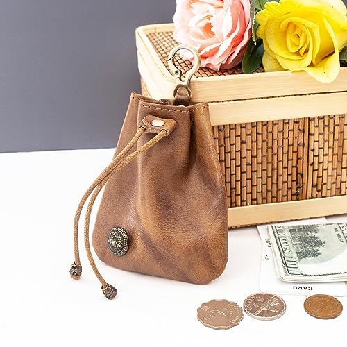 Coin Purse for Men Women, Leather Medieval Drawstring Coin Pouch Change Holder Wallet for Cash, Coins, Credit Cards, Car Keys (01-Dark Brown)2