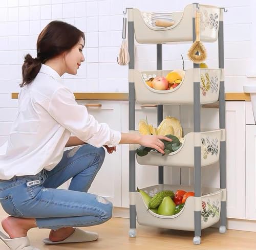 Image of Lukzer 4 Tier Plastic Rolling Cart Trolley Stand Multipurpose Fruits & Vegetable Storage Basket Rack with Wheels Slim Space-Saving Organizer for Kitchen Home Bathroom Office-White 115x30x41.5cm CH-138