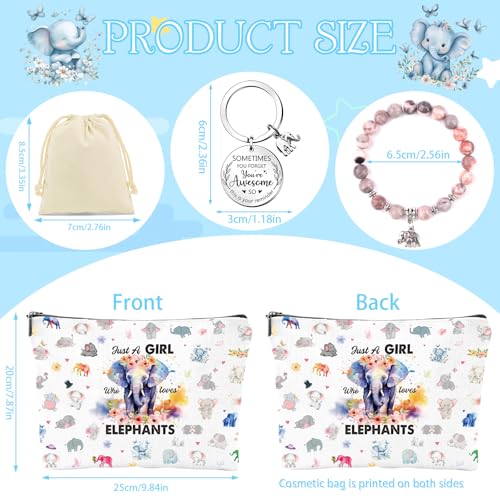 Elephant Gifts for Women - 3Pcs Elephant Lovers Birthday Gifts Set, Cute Cartoon Elephant Makeup Bag Keychain and Healing Bracelets, Christmas Valentines Mother's Day Wedding Gift2