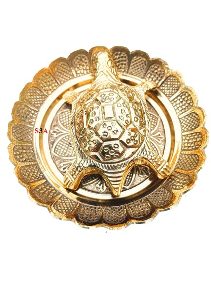 S3A Pure Peetal Brass Laxmi Turtle with Laxmi Yantra Engraved Under Tortoise Kachua with Plate Pond for Feng Shui Vastu Astrology Best Gift for Career and Good Luck (Heavy, Weight 245 Grams)