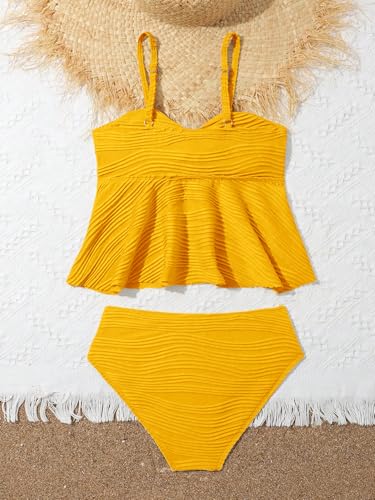 Image of OYOANGLE Girl's 2 Piece Tankini Swimsuit Textured Twist Front Ruched Ruffle Bikini Set Bathing Suits