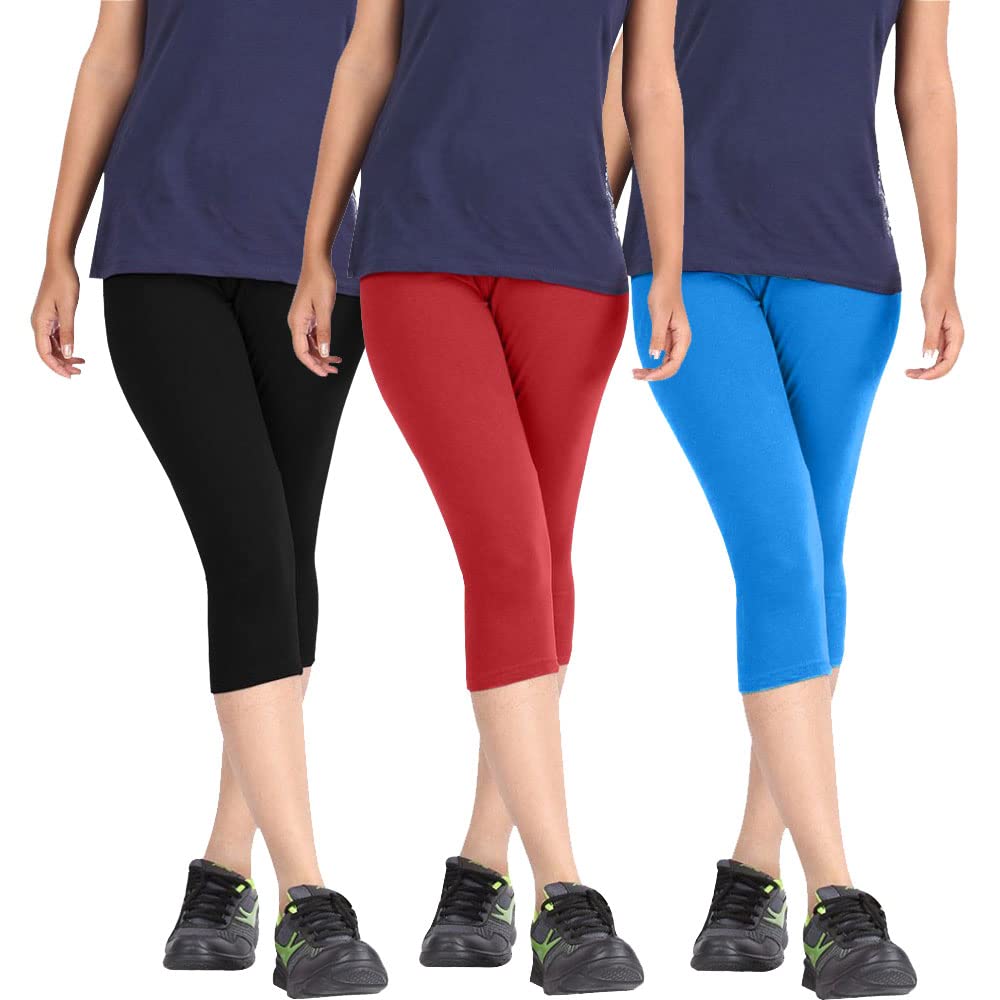 pixie fashion Biowashed Cotton Stretchable Capri Legging Combo Pack of 3 for Women/Girls/Ladies (Black, Red and Sky Blue) - Free Size-picture-42