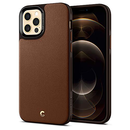 Image of Spigen Cyrill Leather Brick | iPhone 12 Pro /12 Case | iPhone 12 Pro /12 Back Cover | Faux Leather+TPU+PC - Saddle Brown