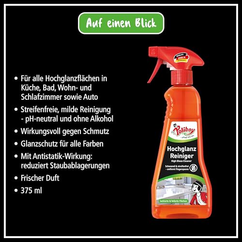 Poliboy - Hochglanz Möbel Reiniger - speziell für Hochglanzflächen - entfernt Fingerspuren schnell und streifenfrei - Einzeln - 375 ml - Made in Germany
