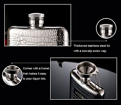 Lanzon Hip Flask With Funnel, All 18/8 304 Food Grade Stainless Steel Curved Pocket Flask For Liquor | 6 Oz Capacity | Gift Boxed (Cobblestones Pattern) #TOP2