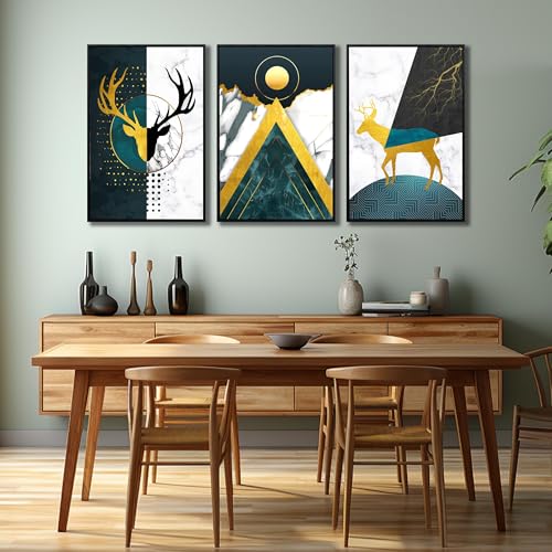 Image of Boho Canvas Wall Art Set of 3 with Black Frame, Abstract Minimalismt Bohemian Deer & Geometric Pictures Prints Artwork Paintings Wall Decor for Bedroom Living Room Home Decoration 24x36 inches