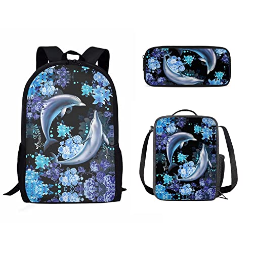 Set di 3 zaini per la scuola con delfini per donne e ragazze con grazioso motivo floreale con con astuccio e scatola termica per il pranzo Delfini Fiore Taglia unica Zaini