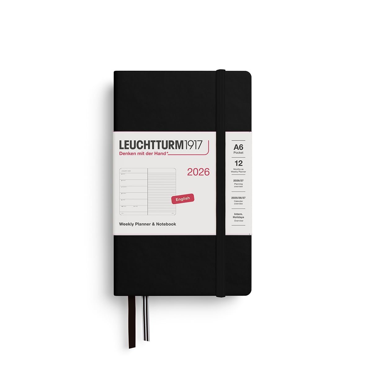 LEUCHTTURM1917 372663 Weekly Planner & Notebook Pocket (A6) 2026 Hardcover, 12 Months, Black, English