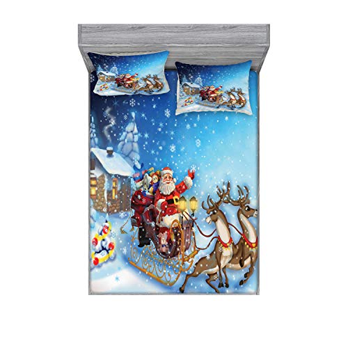 Ambesonne Christmas Fitted Sheet & Pillow Sham Set, Santa in Sleigh Reindeer and Toys Snowy North Pole Tale Fantasy Image, Decorative Printed 3 Piece Bedding Decor Set, Queen, Dark Sky Blue