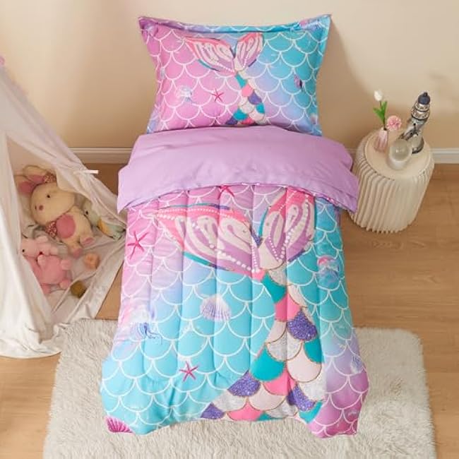 Mermaid Tail Toddler Bedding Set Crib Bedding Set for Girls 4 Pieces with Toddler Comforter, Toddler Bed Sheets, Pillowcase, Purple Blue Gradient