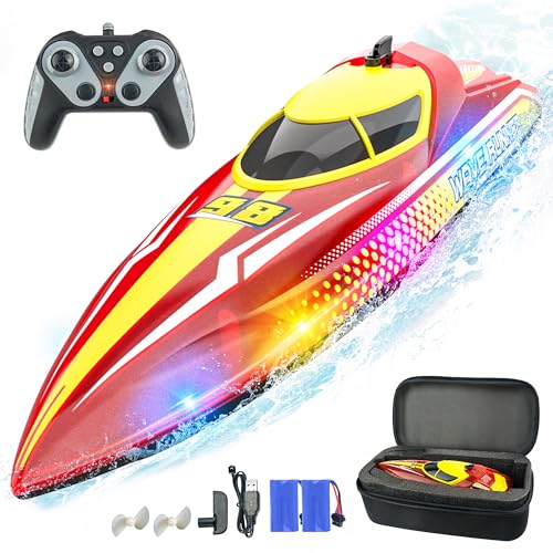 BEZGAR Remote Control Boat for Kids - 2.4GHz Fast RC Boat with LED Lights & Portable Suitcase for Pools, Lakes & Salt Water, Summer Water Toys Gifts for Boys & Girls Age 6 7 8-12 Years Old