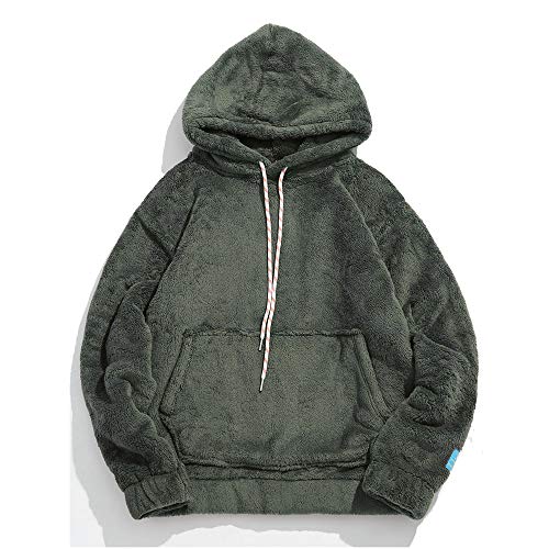 ZAFUL Men's Solid Color Fluffy Hoodies Unisex Long Sleeves Sherpa Patchwork Fuzzy Pullover Drawstring Hooded Sweatshirts with Pocket Army Green