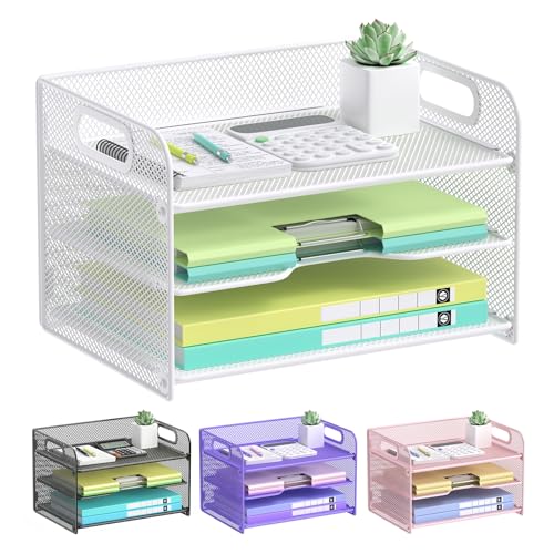 OUTWOLF 3-stufiger Schreibtisch Organizer, Netz Papier Organizer mit Griff, Papierablage Organizer, Akten-Organizer für A4-Aktenordner, Papier, Buch, Magazin, Weiß