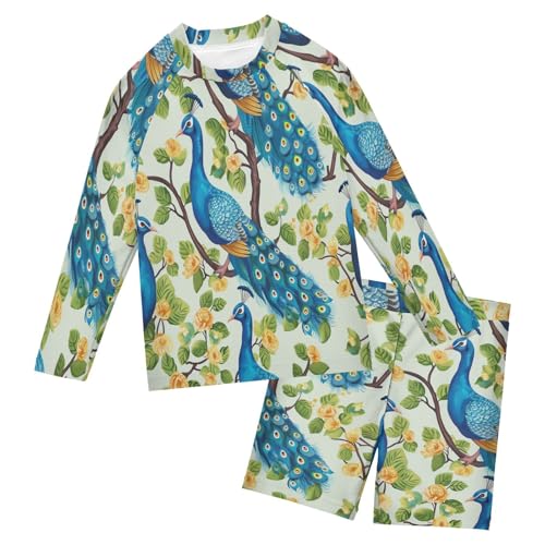 Spring Peacock Boys Swimsuit Rash Guard Toddler Kids Long Sleeve Swim Shirt and Trunks Swimwear Set 3-10Y