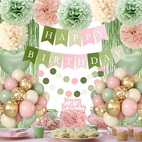 Pink and Green Birthday Decorations Party Dcor for Women Happy Birthday Decorations with Birthday Banner Fringe Curtain