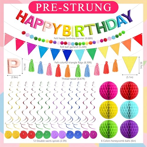Image of Happy Birthday Banner Decoration Set - Includes Colorful Rainbow Felt Happy Birthday Sign, 3 Garlands, Hanging Spirals, Honeycomb Paper Balls for Baby Shower Party Decor and Kids Celebration
