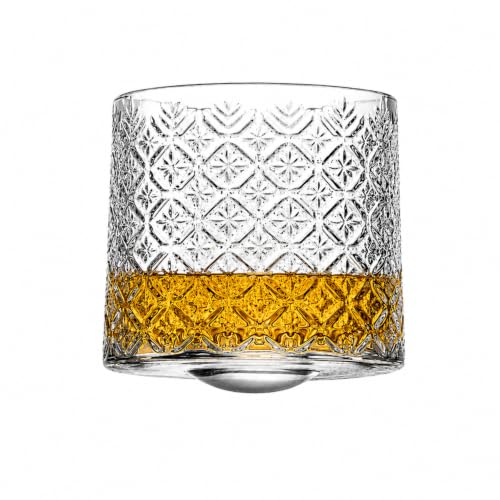 Image of Spinny Whiskey Glasses Set | Rotatable Heavy Base Tumbler Glass Cups, Glasses with Coasters | Perfect for Scotch, Bourbon, Juice, Water, Cocktails (190 ml - 1 Pc Glass Design E with Coaster)