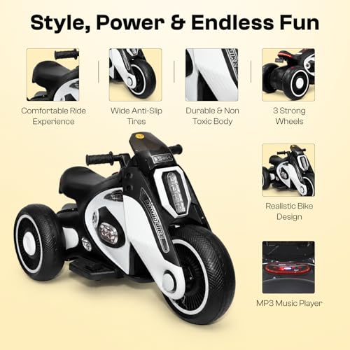 Image of Toyzone Rambo Electric Bike - White | 12V Rechargeable Bike for Kids with 4.5Ah Battery | LED Lights, Music, MP3| Smooth Acceleration | 6M Battery Warranty | for Big Kids Age 4-12 Years, Up to 35kg