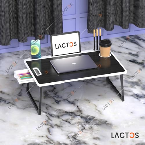Image of Foldable Wooden Mini Laptop Table for Bed, Study Table with Drawer, Tablet /Mobile Holder for Kids & Adults->> (WC-Black)