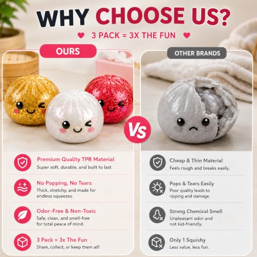 Upgraded Squishy Dumpling 3 Pack, Cute Squishy Dumpling Fidget Toy, Soft Stretchy Sensory Squeeze Toys for Stress & Anxiety Relief, Office Desk Toy, Anxiety Relief Dumplings. Red, White, Gold Included - Image 7