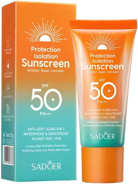 SADOER Protection Isolation Sunscreen SPF 50+ PA+++ – Anti-Light-Aging 6-in-1 Waterproof & Sweatproof Face Sunblock