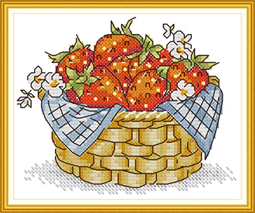 Image of CaptainCrafts Cross Stitch Kits, New Stamped Kit Printed 11CT Fabric Cross Stitching DIY Art DMC Needlecrafts Embroidery Kit for Adults Beginner (Stamped, Basket of Strawberries)
