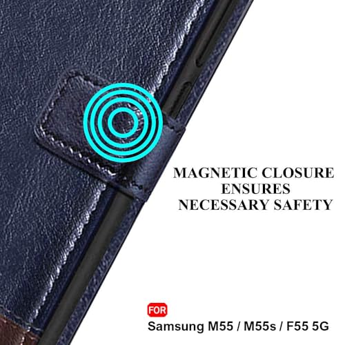 Image of TheGiftKart Flip Back Cover Case for Samsung Galaxy M55 / M55s / F55 5G | Dual-Color Leather Finish | Inbuilt Stand & Pockets | Wallet Style Flip Back Cover Case (Faux Leather, Blue & Brown)