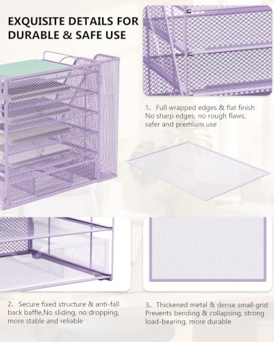 Image of WALI Desk File Organizer, 6 Tier Desktop Paper Letter Tray Organizer with Drawer and 2 Pen Holders, Office Desk Accessories & Workspace Organizers for Office, Home Supplies(DO007DH-V), 1 Pack, Purple