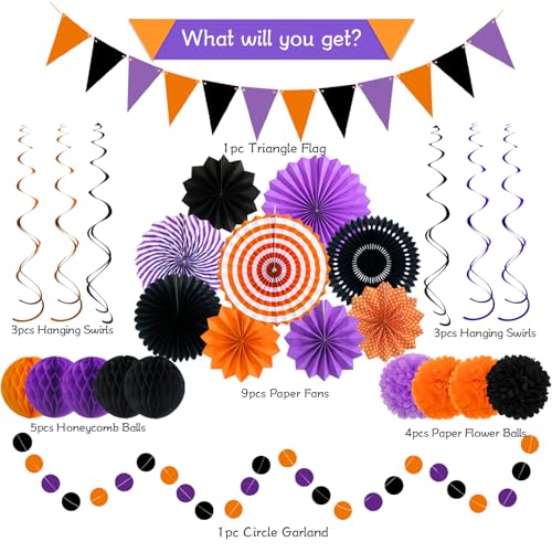Image of 26 Pcs Halloween Party Decorations Kit, Paper Fans Pom Poms Banner 8-16 in | Orange purple black fans, pom poms, honeycomb balls, banner, swirls for Halloween birthday, indoor outdoor party decor