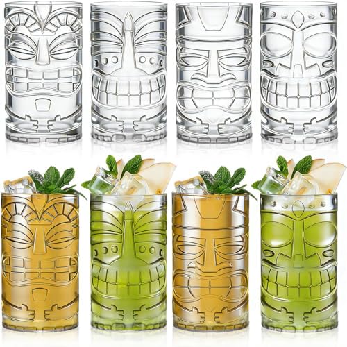 Image of Goaste 8 Pack 16oz Plastic Tiki Cups, Clear Tiki Plastic Mug Cups, Tiki Hawaiian Party Drinking Tumblers, Exotic Zombie Cocktails Mugs, Reusable Mai Tai Glasses for Cocktails, Lemonade, Halloween