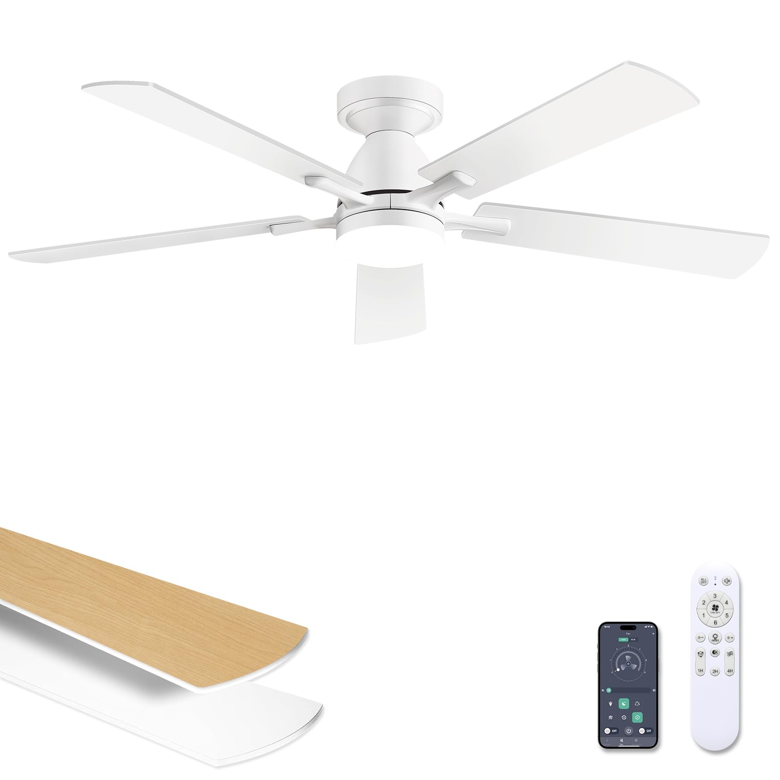 Photo 1 of 52 Inch Ceiling Fan with Lights, White Modern Low Profile Flush Mount Fan, App&Remote Control, Dimmable LED 3 Color Temperatures, Quiet Reversible DC Motor, 6 Speeds Timer for Bedroom LivingRoom Patio