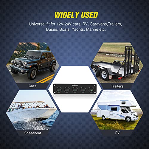 Image of Nilight 5 Gang 3 Pin Rocker Switch Panel On Off SPST Toggle | 12V 12V /20A 24V /10A Pre-Wired for LED Light Bar Rear Rock Lights Cars Trucks RV Boats 4X4 Green