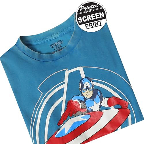 Image of Kidsville Captain America Printed Regular Fit Blue Cotton Boy's T-Shirt