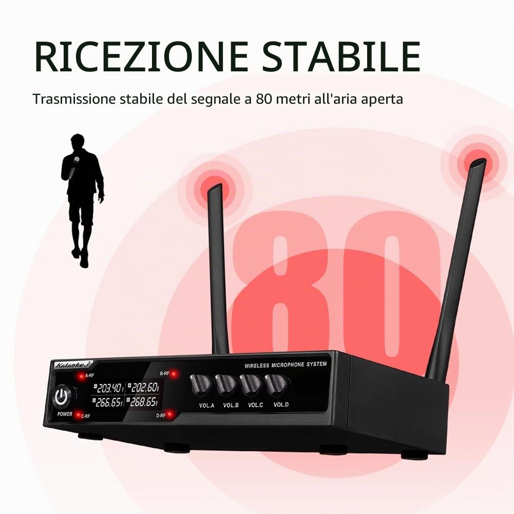 VM304 Audio Microfonico Wireless A 4 Canali Microfono Portatile Portata 80M per Karaoke Canto Set Portatile Spina UE