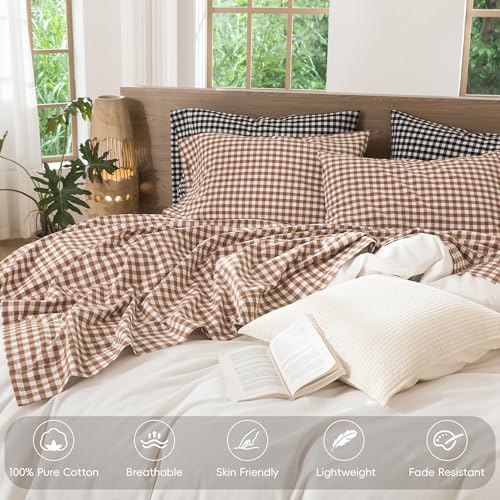 Image of MooMee Gingham Sheet Set 100% Washed Cotton Linen Like Textured Breathable Soft w / Fully Elasticized 16-19 inch Deep Pocket (Classic Gingham Dark Orange, Queen)