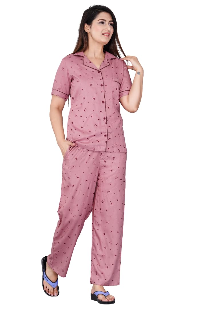 amazon brand - tavasya Women Cotton Night Suit Set | Soft Breathable Fabric | Half Sleeve Shirt & Pajama Set | Printed Comfortable Sleepwear | Regular Fit Nightwear for Women-picture-47
