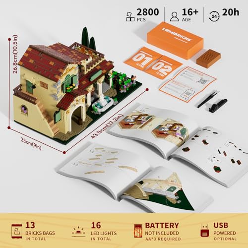 Lumibricks Domaine Viticole avec Éclairage – Set de Construction 2800 Pièces Maison Méditerranéenne Toscane avec Lumières LED, Camion Vintage & Figurines, Maquette Ferme pour Adultes