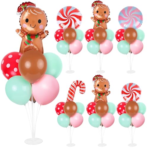Image of 6 Sets Christmas Gingerbread Balloon Stand Kit for Table with Gingerbread Man Candy Cane Foil Balloon Centerpiece for Christmas Theme Xmas Birthday Holiday New Year Party Table Decorations
