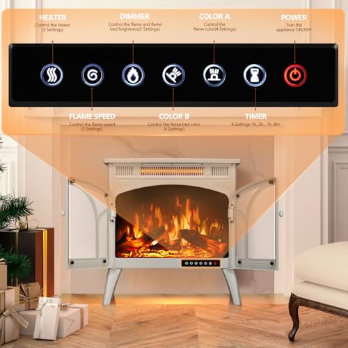 Image of R.W.FLAME Electric Fireplace Heater 25 inch with Remote, Cathedral Stylish, Different Flame Effects and Log Set Colors, Adjustable Brightness and Heating Mode, Overheating Safe Design, Beige