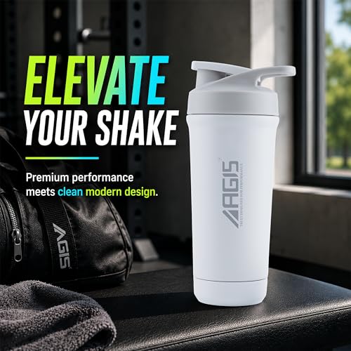 Image of AGIS Bottom's Up Premium Stainless Steel Shaker Bottle 700ml - Leak-proof mixer with bottom opener for easy cleaning. Rust-resistant, odor-free, BPA-free, dishwasher safe for gym & daily use. (White)
